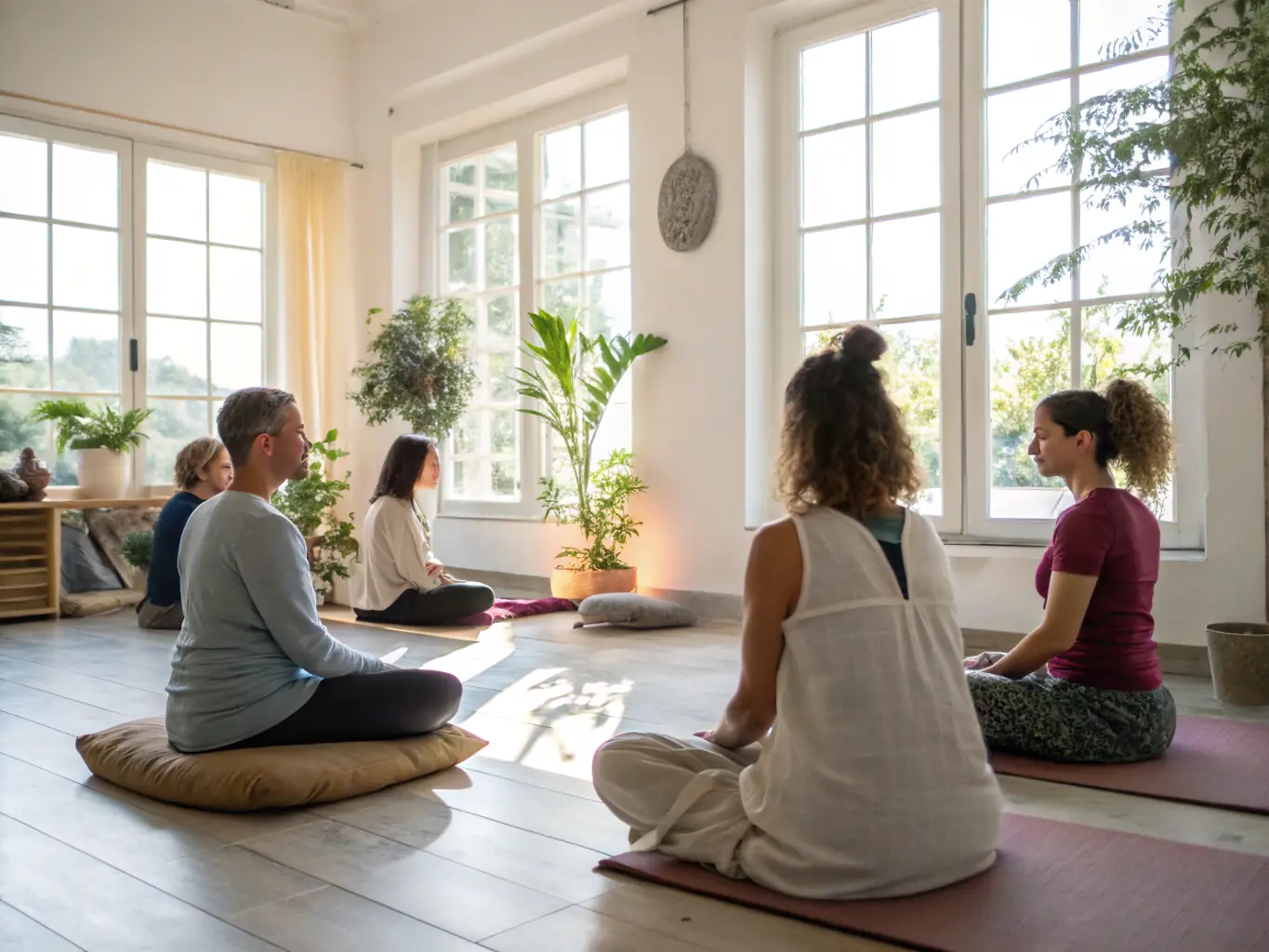 A wellness center featuring a sound therapy session, with participants meditating to ambient sounds, illustrating the emotional regulation benefits of sound design.