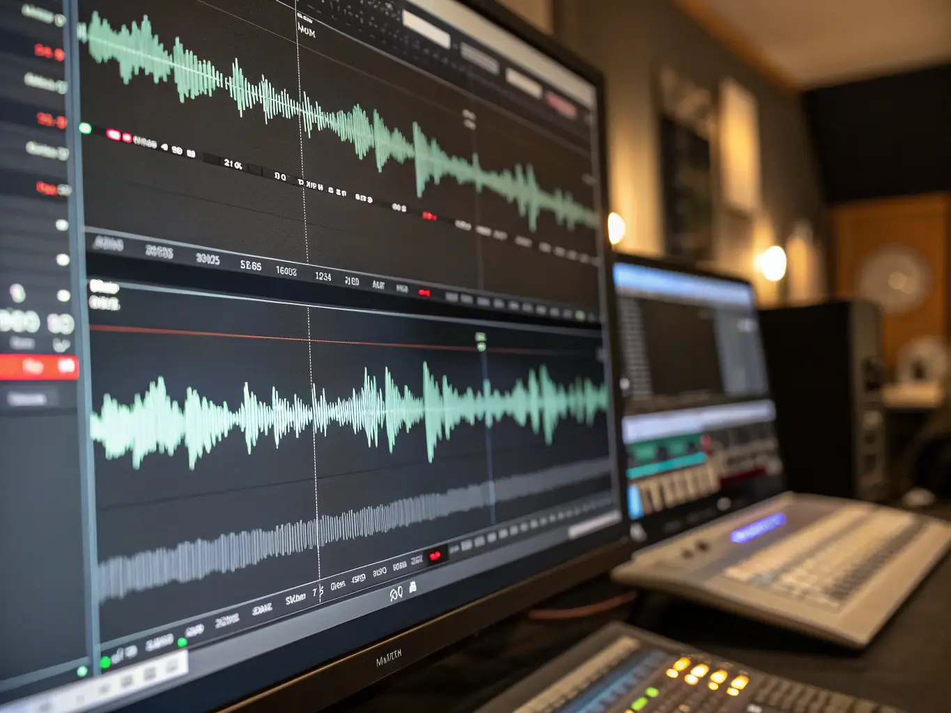 A modern sound engineering studio where sound designers are working on creating immersive soundscapes, blending historical sound therapy principles with modern technology.