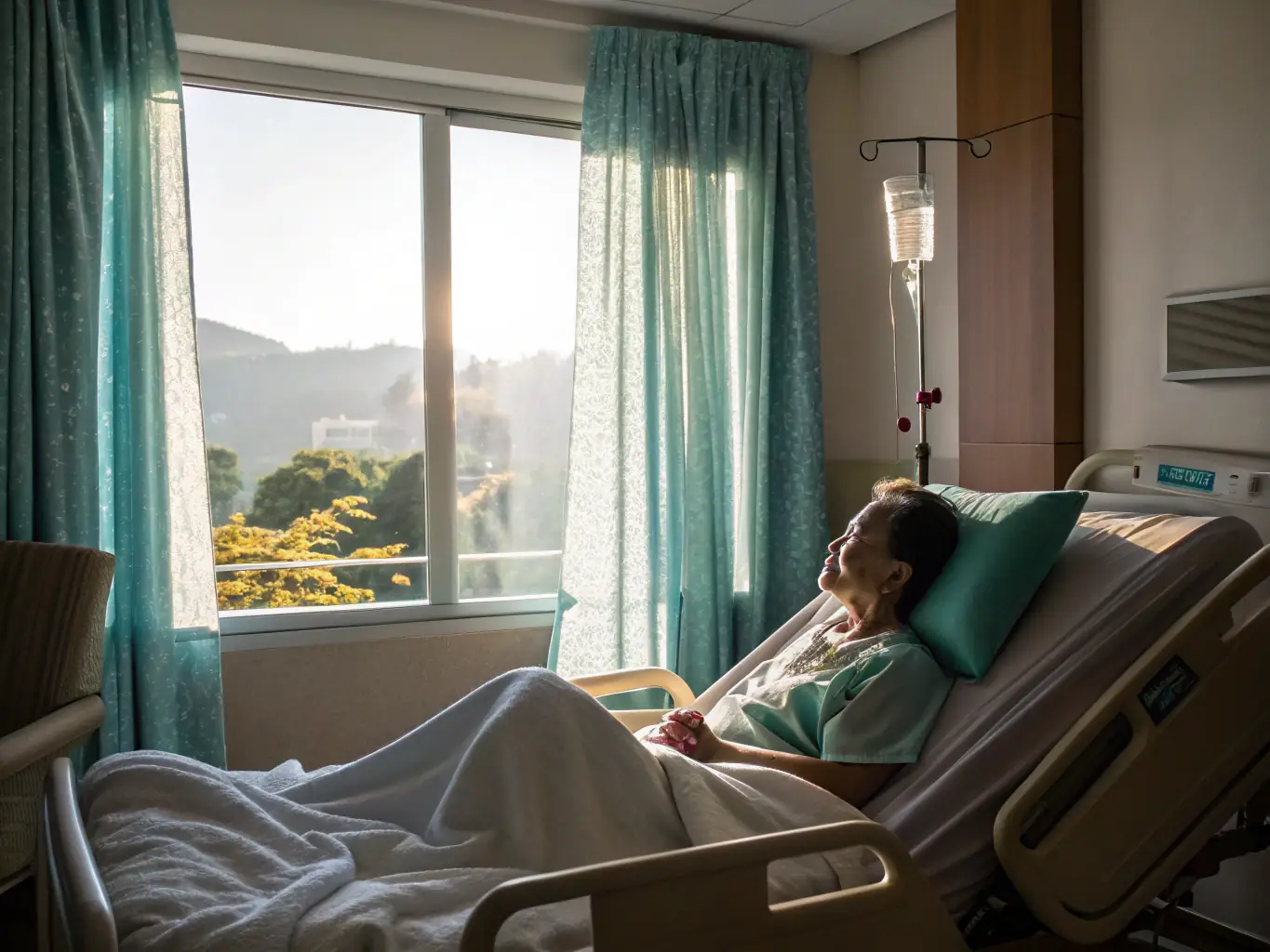 A serene hospital room where a patient is visibly relaxed, listening to calming music through headphones, showcasing the stress-reducing benefits of custom sound design in healthcare.