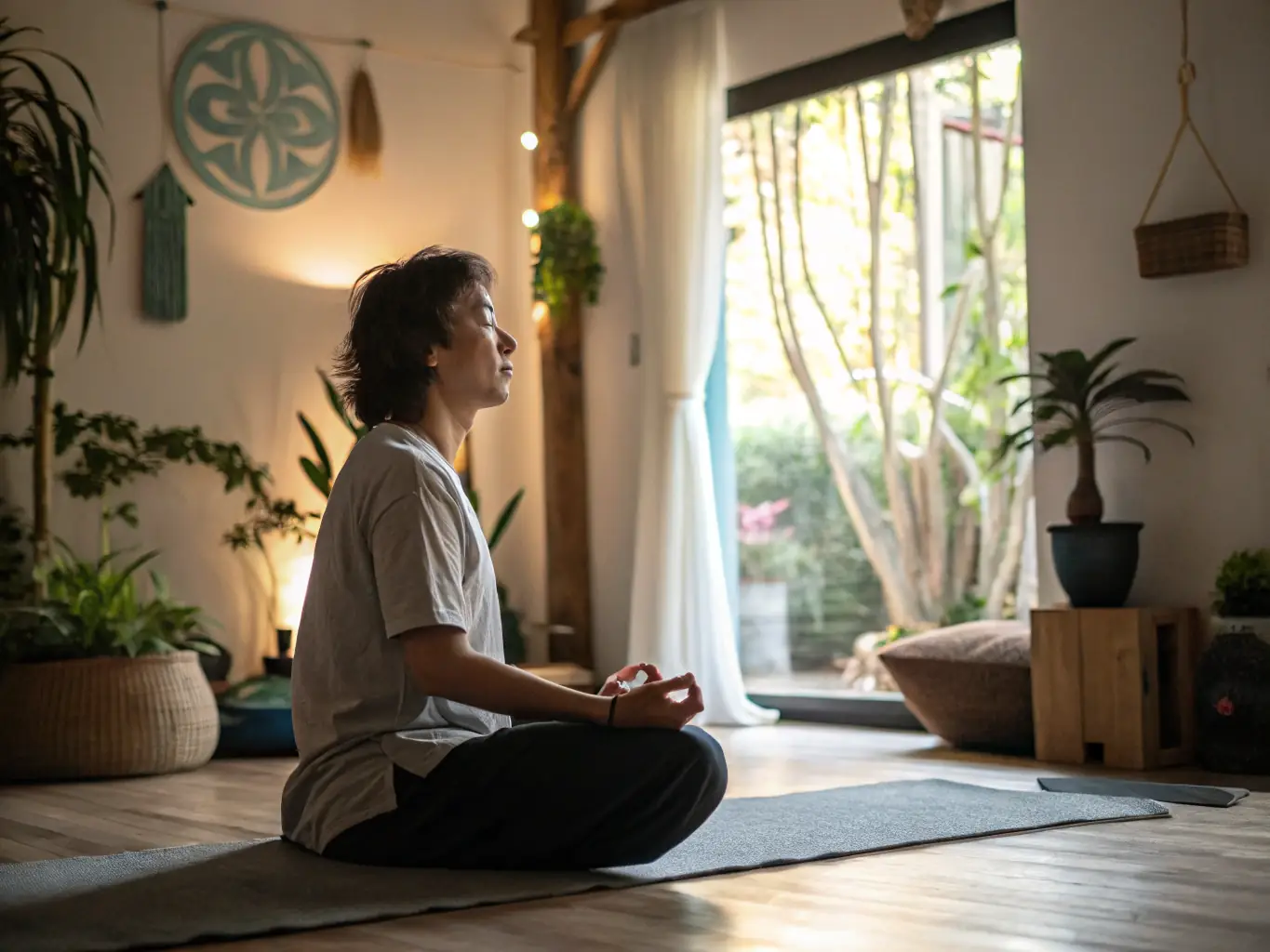 A peaceful scene of a person meditating with ambient music playing in the background, symbolizing stress reduction through sound.