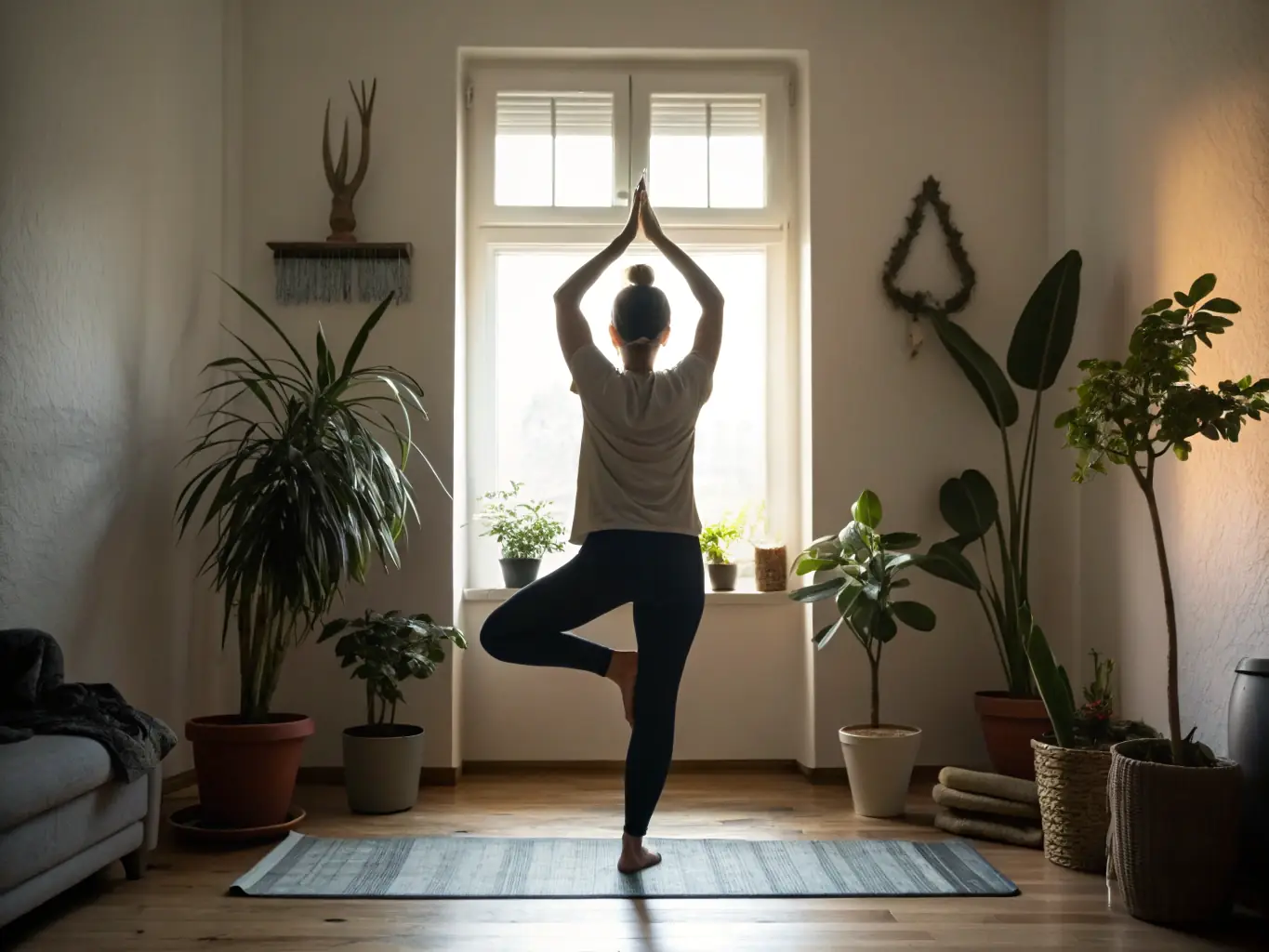 An image depicting a person engaged in a physical activity (e.g., yoga or walking) while listening to music, illustrating the improvement of physical well-being.